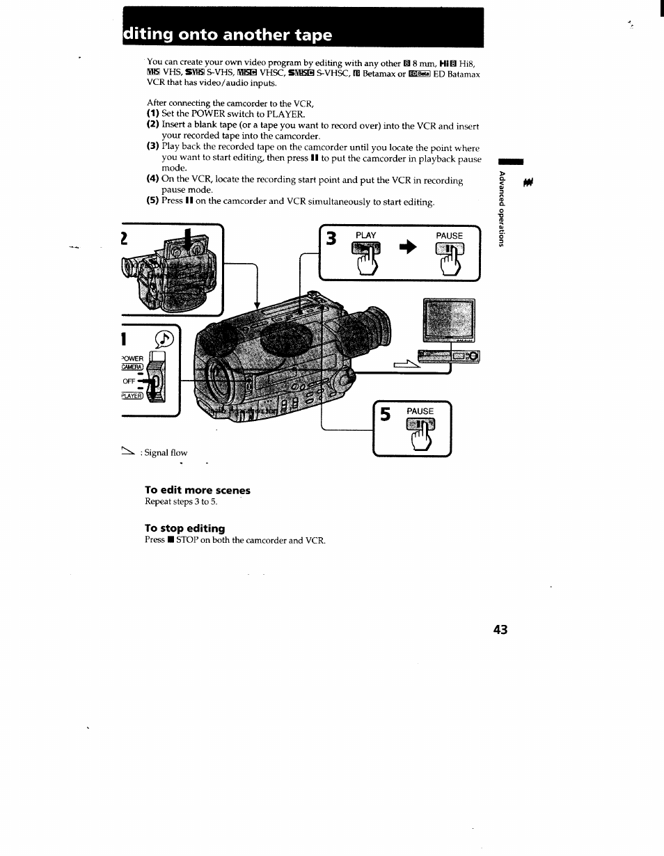 Diting onto another tape, To edit more scenes, To stop editing | Editing onto another tape | Sony CCD-TR916 User Manual | Page 43 / 71