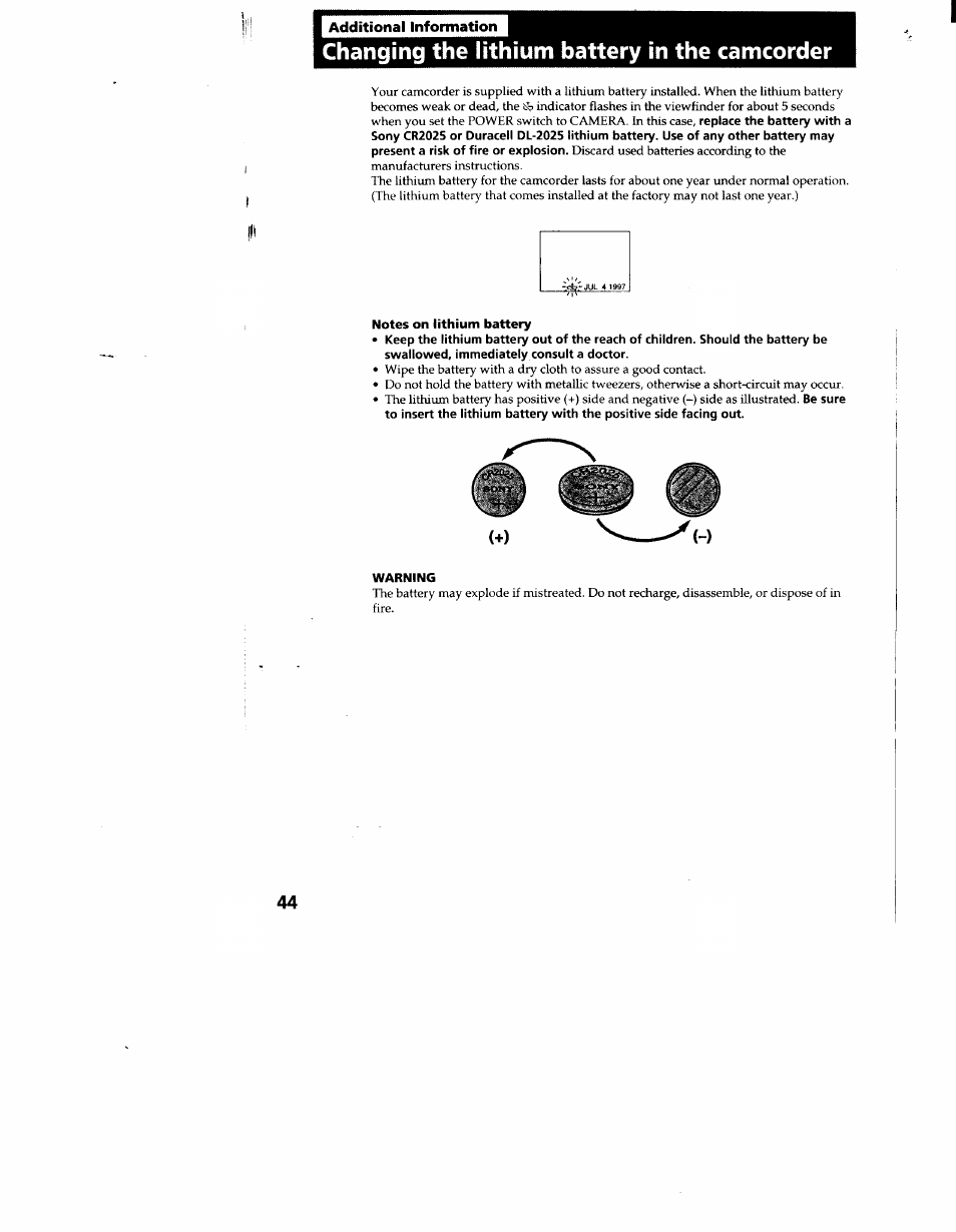 Additional information, Changing the lithium battery in the camcorder, Notes on lithium battery | Warning | Sony CCD-TR916 User Manual | Page 44 / 71