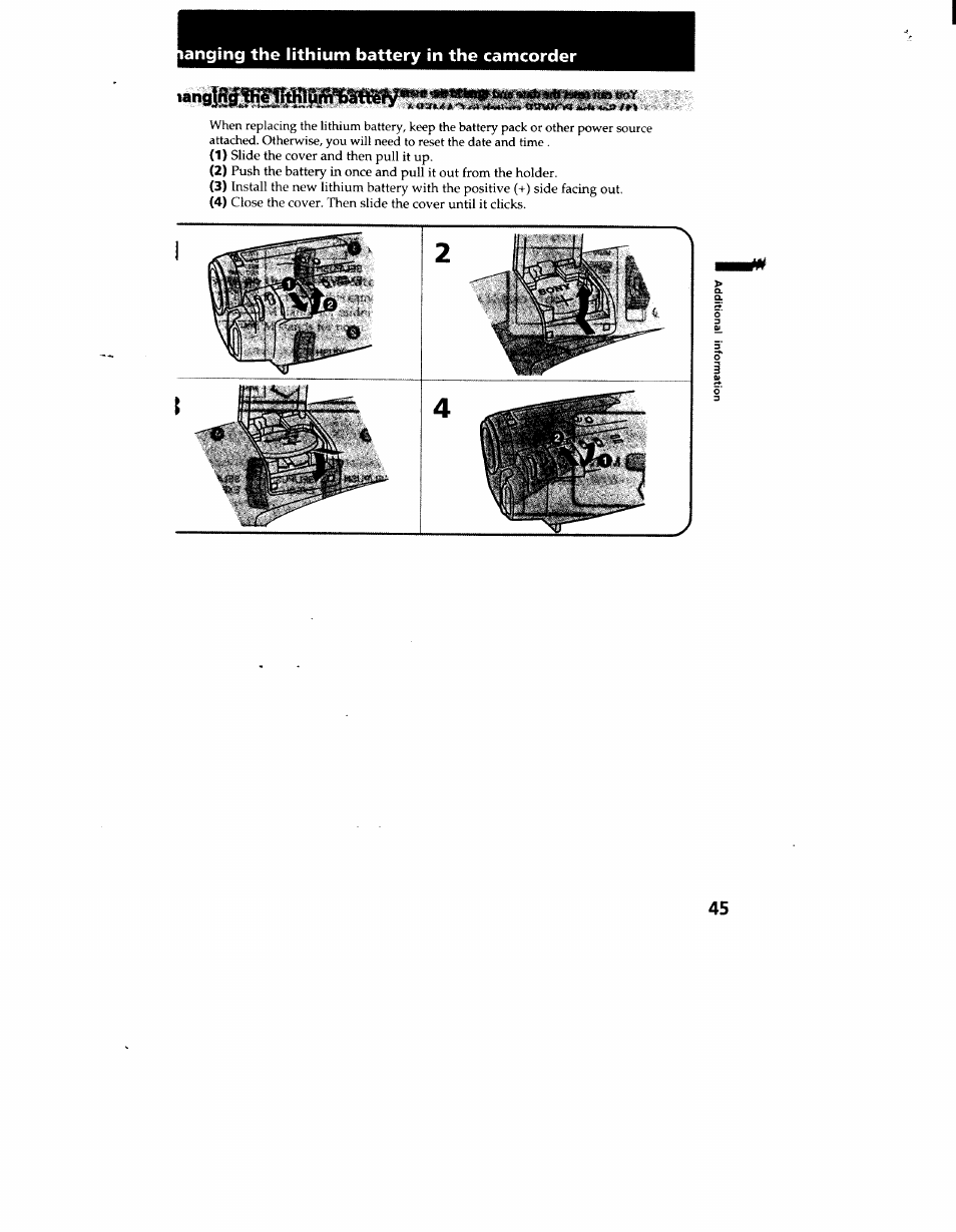 Anging the lithium battery in the camcorder, Lanc | Sony CCD-TR916 User Manual | Page 45 / 71
