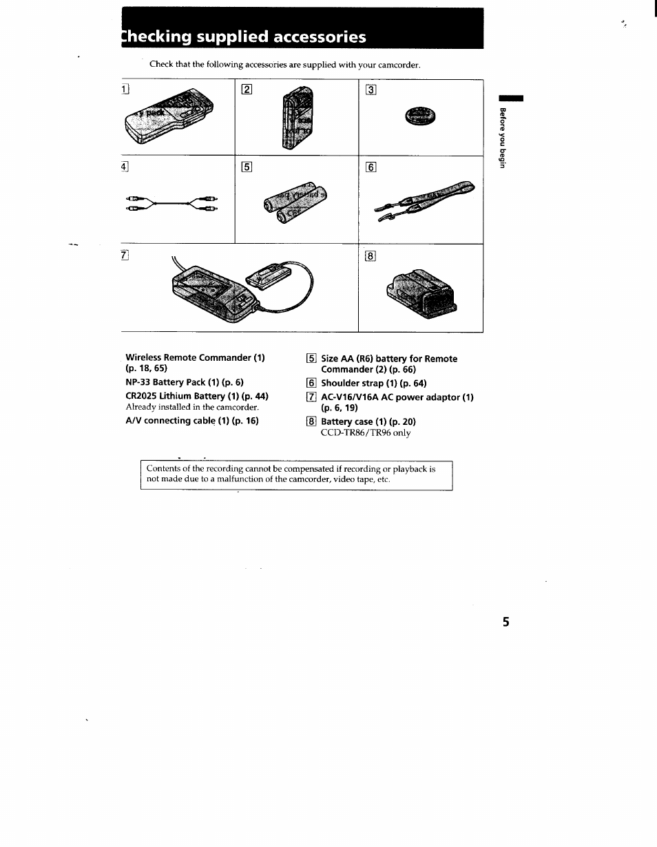 Kecking supplied accessories, Checking supplied accessories | Sony CCD-TR916 User Manual | Page 5 / 71