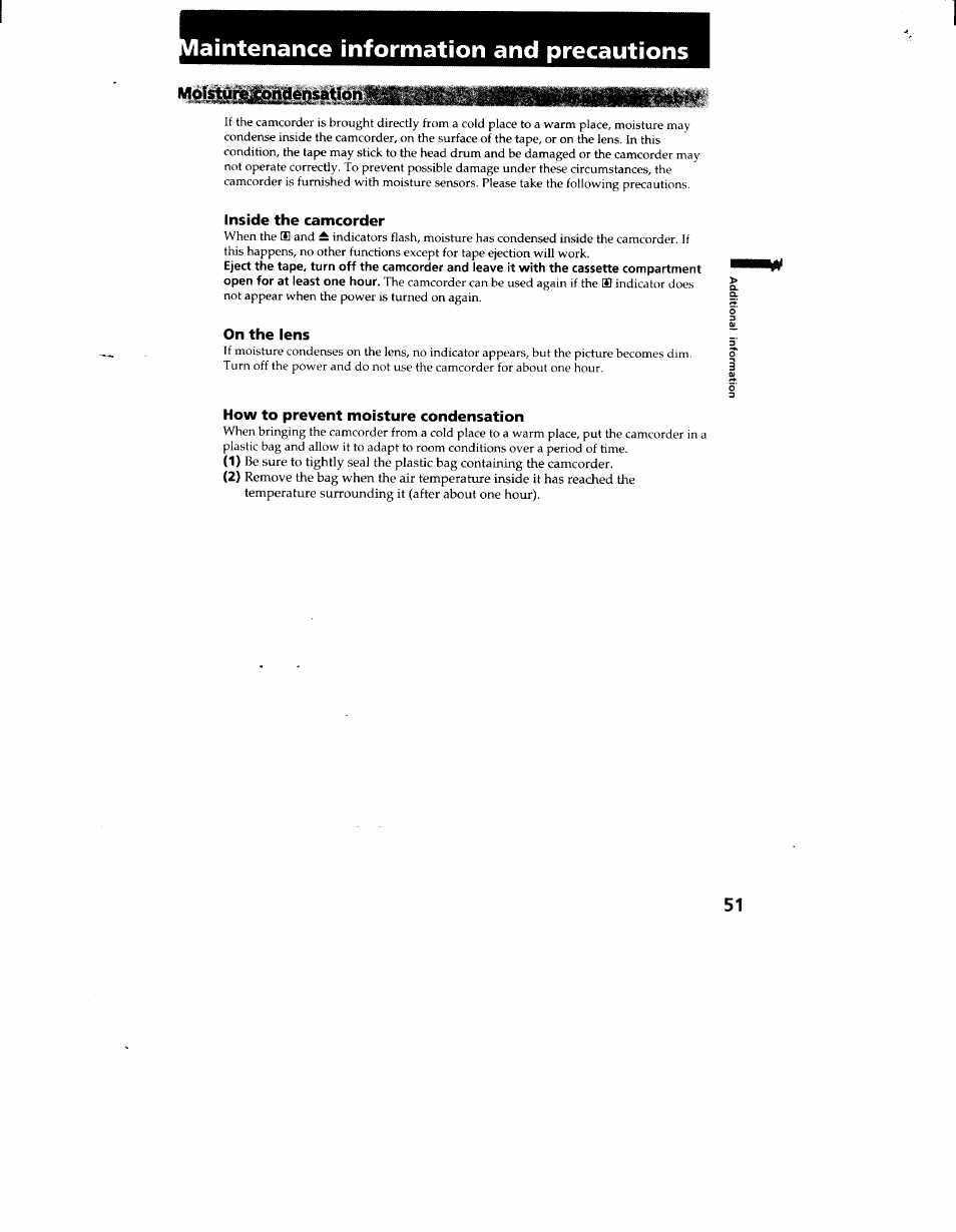 Aìntenance mformation and precautions, Inside the camcorder, On the lens | How to prevent moisture condensation, In the camcorder | Sony CCD-TR916 User Manual | Page 51 / 71