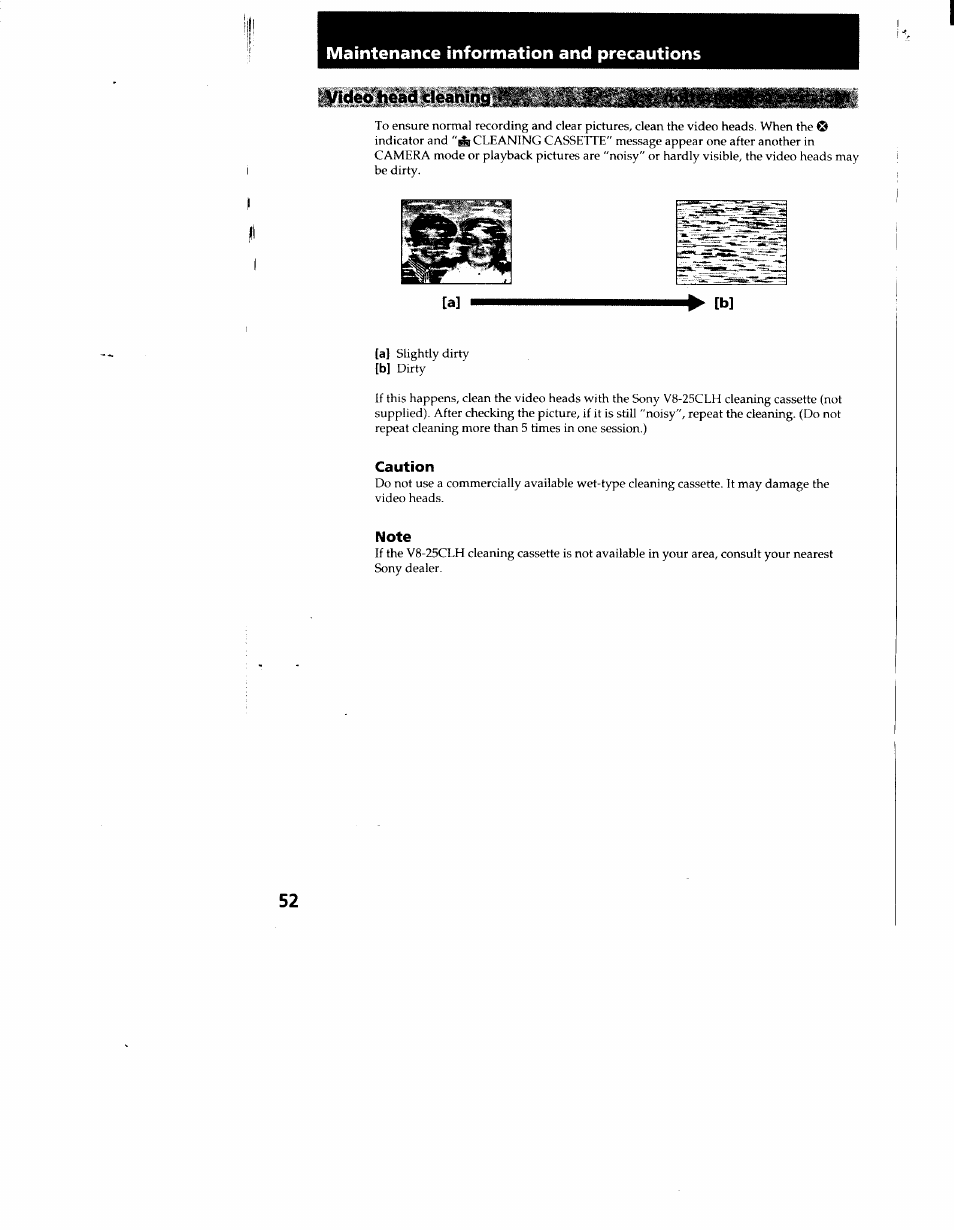 Lvidaolheade, Caution, Note | Maintenance information and precautions | Sony CCD-TR916 User Manual | Page 52 / 71