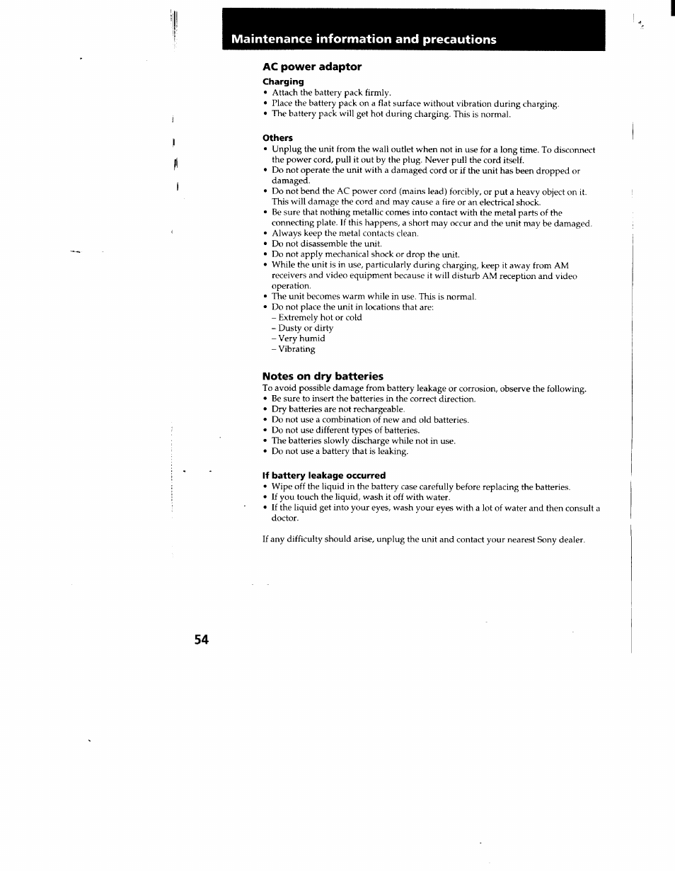 Ac power adaptor, Charging, Others | Notes on dry batteries, If battery leakage occurred, Maintenance information and precautions | Sony CCD-TR916 User Manual | Page 54 / 71