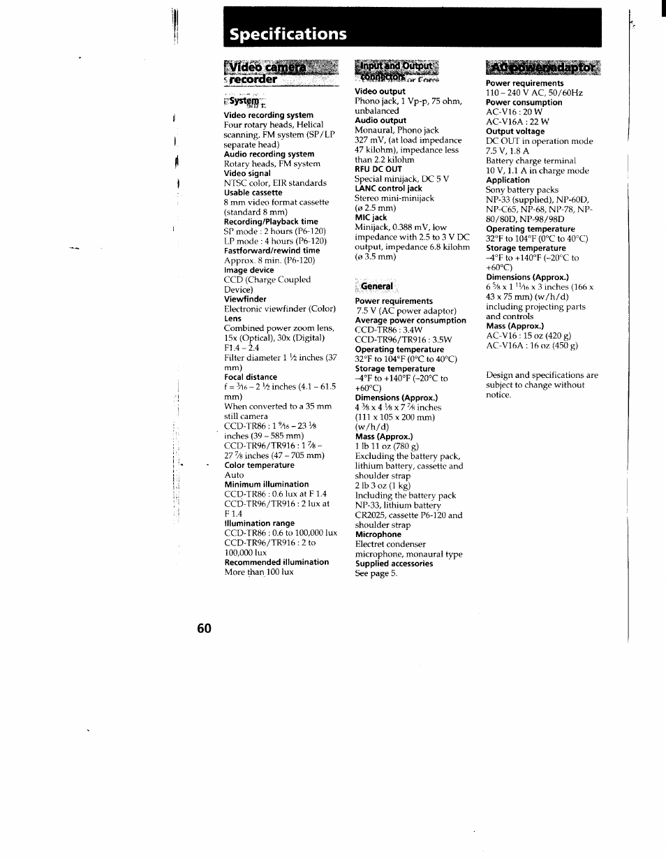 Specifications, Video cangera i«cofder, Video recording system | Image device, Viewfinder, Focal distance, Minimum illumination, Illumination range, Recommended illumination, Video output | Sony CCD-TR916 User Manual | Page 60 / 71