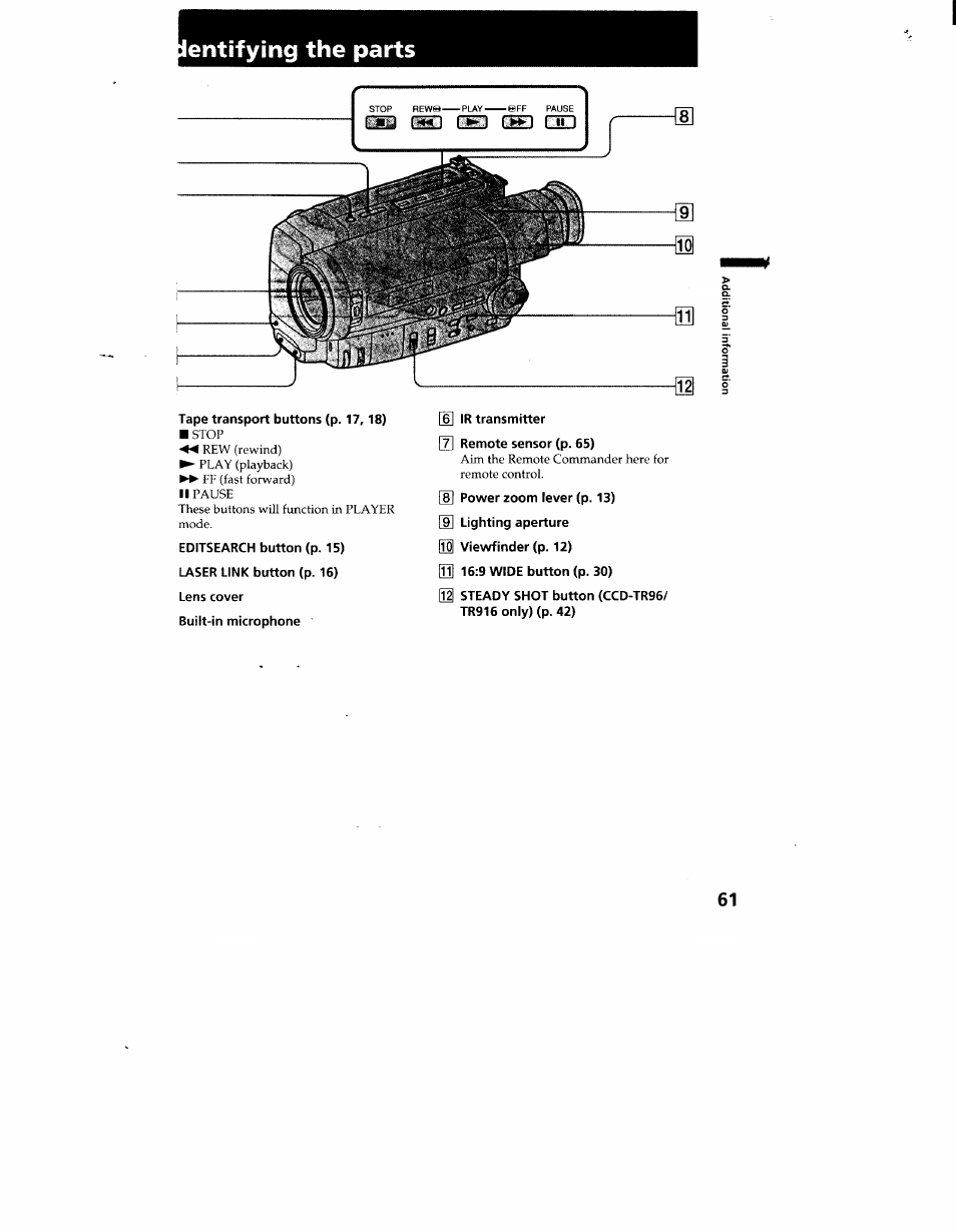 Entifying the parts, Identifying the parts, Bh n<iri of | Sony CCD-TR916 User Manual | Page 61 / 71