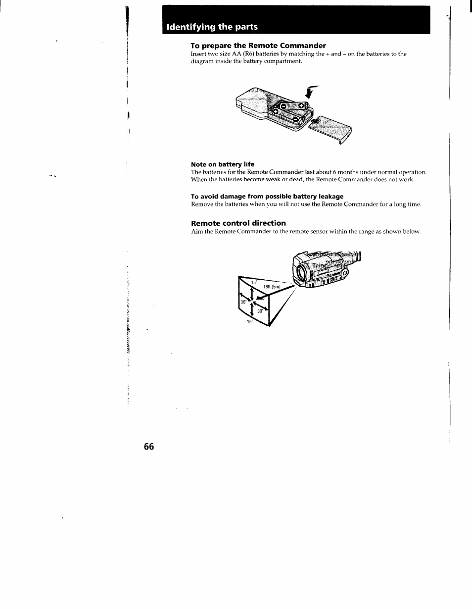 To prepare the remote commander, Note on battery life, To avoid damage from possible battery leakage | Remote control direction, Identifying the parts | Sony CCD-TR916 User Manual | Page 66 / 71