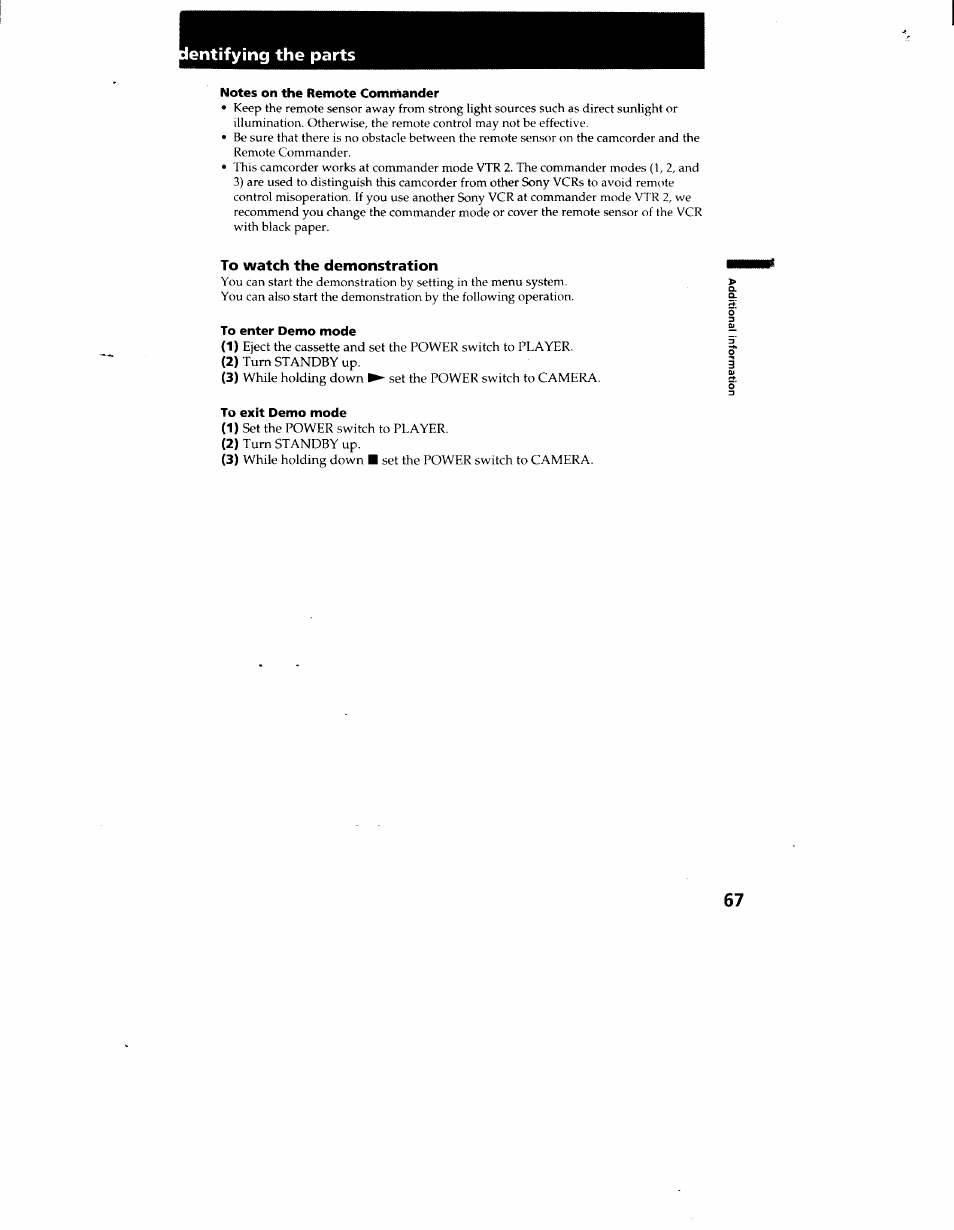 Notes on the remote comniander, To watch the demonstration, To enter demo mode | To exit demo mode, Entifying the parts | Sony CCD-TR916 User Manual | Page 67 / 71