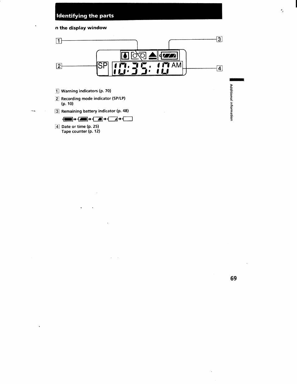 N the display window, Identifying the parts | Sony CCD-TR916 User Manual | Page 69 / 71