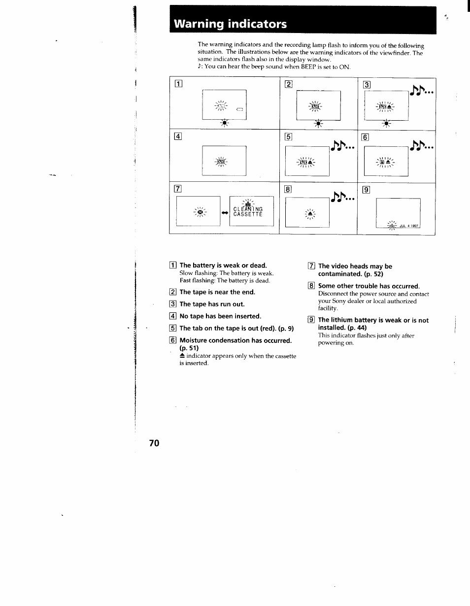 Warning indicators | Sony CCD-TR916 User Manual | Page 70 / 71