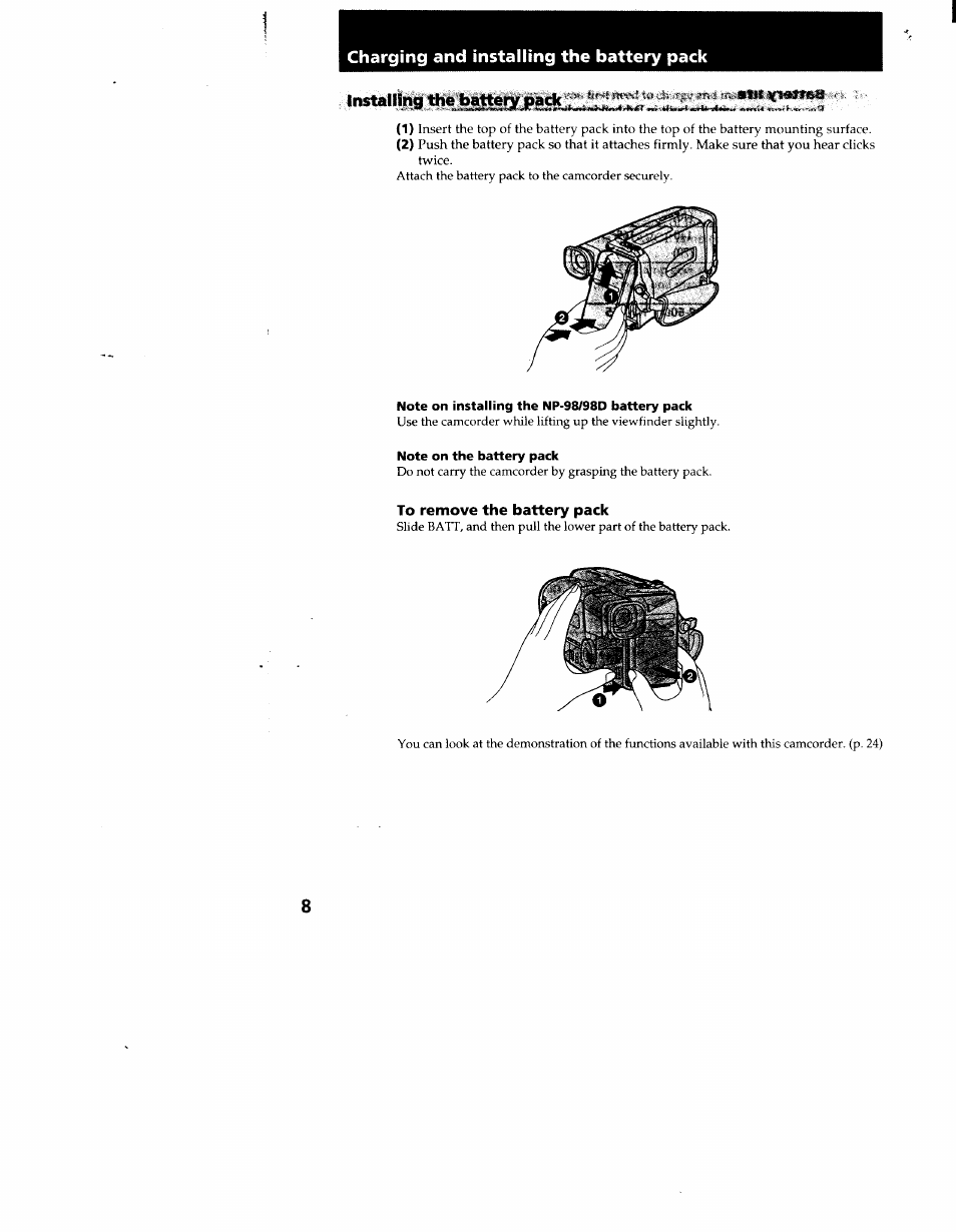 Charging and installing the battery pack, Installing the batteiyjpack, Note on installing the np-98/98d battery pack | Note on the battery pack, To remove the battery pack | Sony CCD-TR916 User Manual | Page 8 / 71