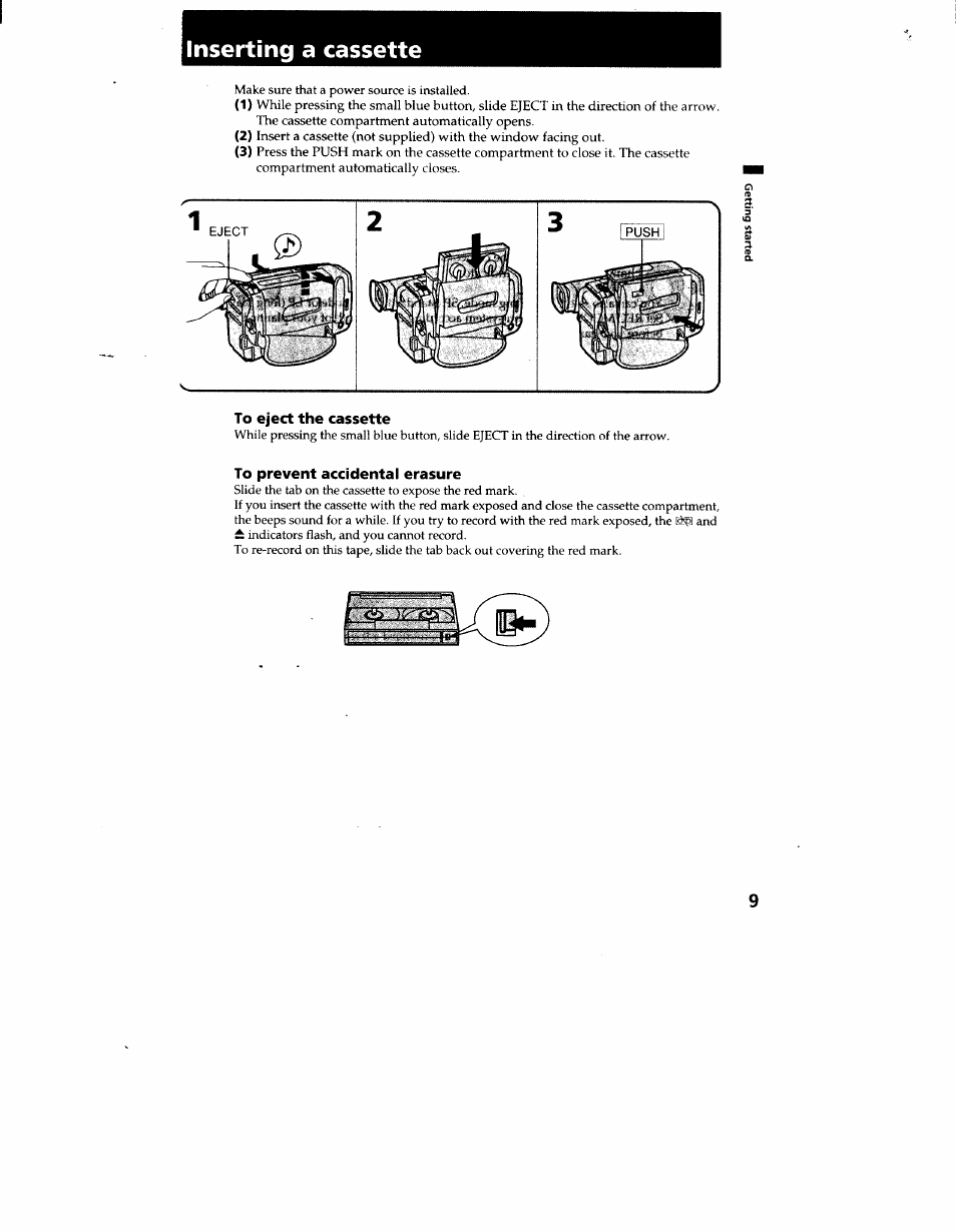 Inserting a cassette, To eject the cassette, To prevent accidental erasure | Sony CCD-TR916 User Manual | Page 9 / 71