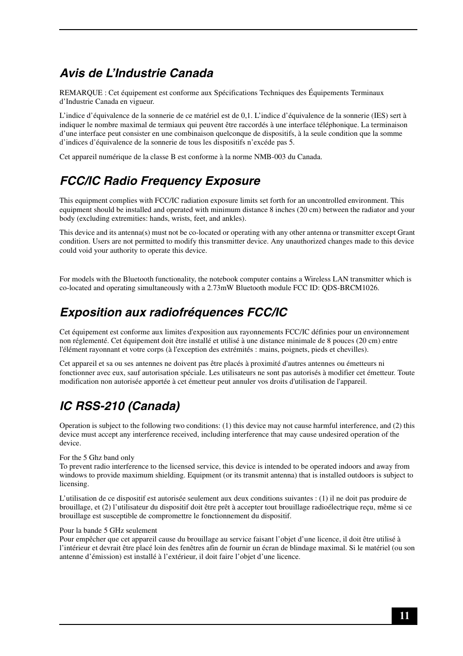 Avis de l’industrie canada, Fcc/ic radio frequency exposure, Exposition aux radiofréquences fcc/ic | Ic rss-210 (canada) | Sony VGN-CS290JFP User Manual | Page 11 / 24