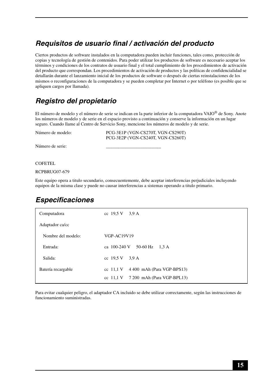 Registro del propietario, Especificaciones | Sony VGN-CS290JFP User Manual | Page 15 / 24