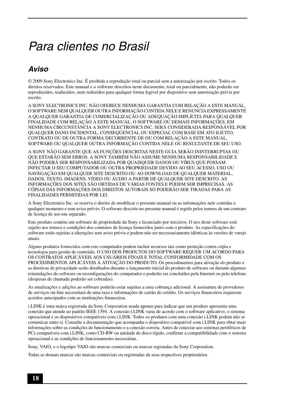 Para clientes no brasil, Aviso | Sony VGN-CS290JFP User Manual | Page 18 / 24