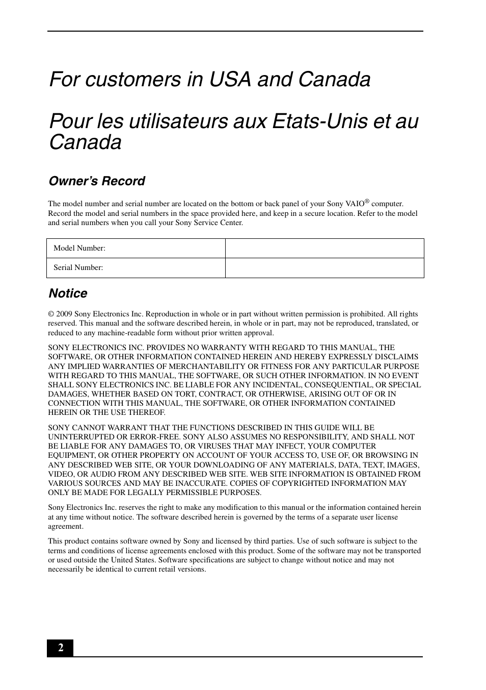 Owner’s record, Notice | Sony VGN-CS290JFP User Manual | Page 2 / 24