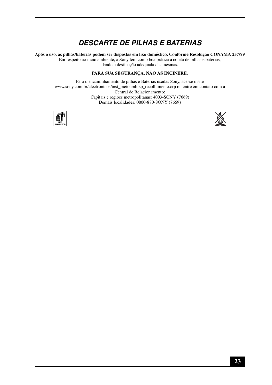 Descarte de pilhas e baterias | Sony VGN-CS290JFP User Manual | Page 23 / 24