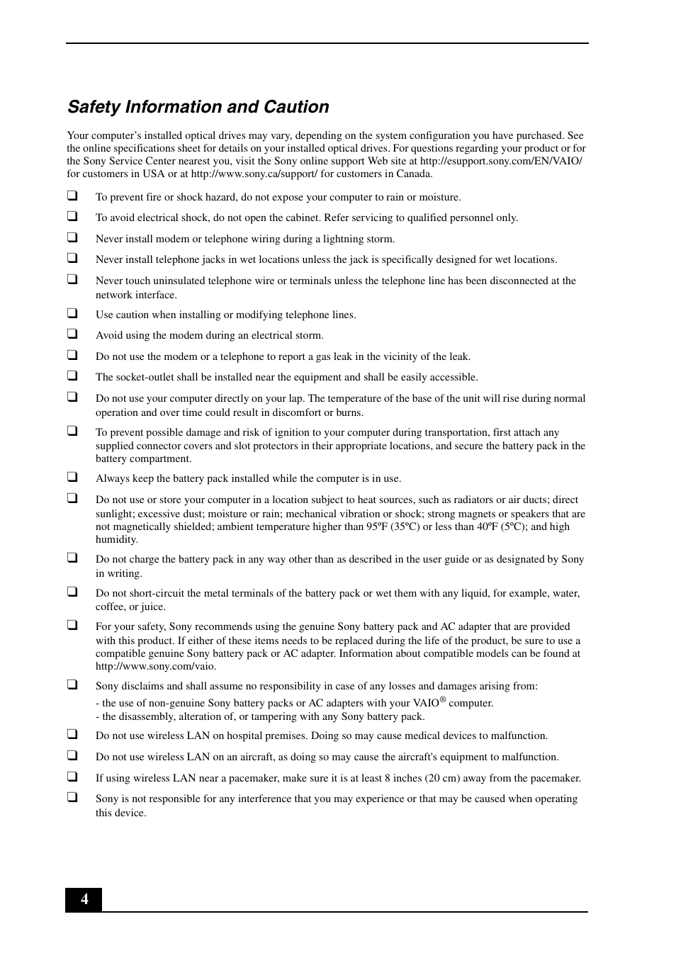 Safety information and caution | Sony VGN-CS290JFP User Manual | Page 4 / 24