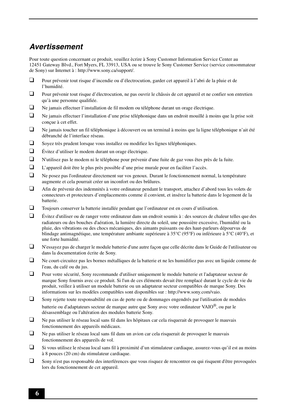 Avertissement | Sony VGN-CS290JFP User Manual | Page 6 / 24
