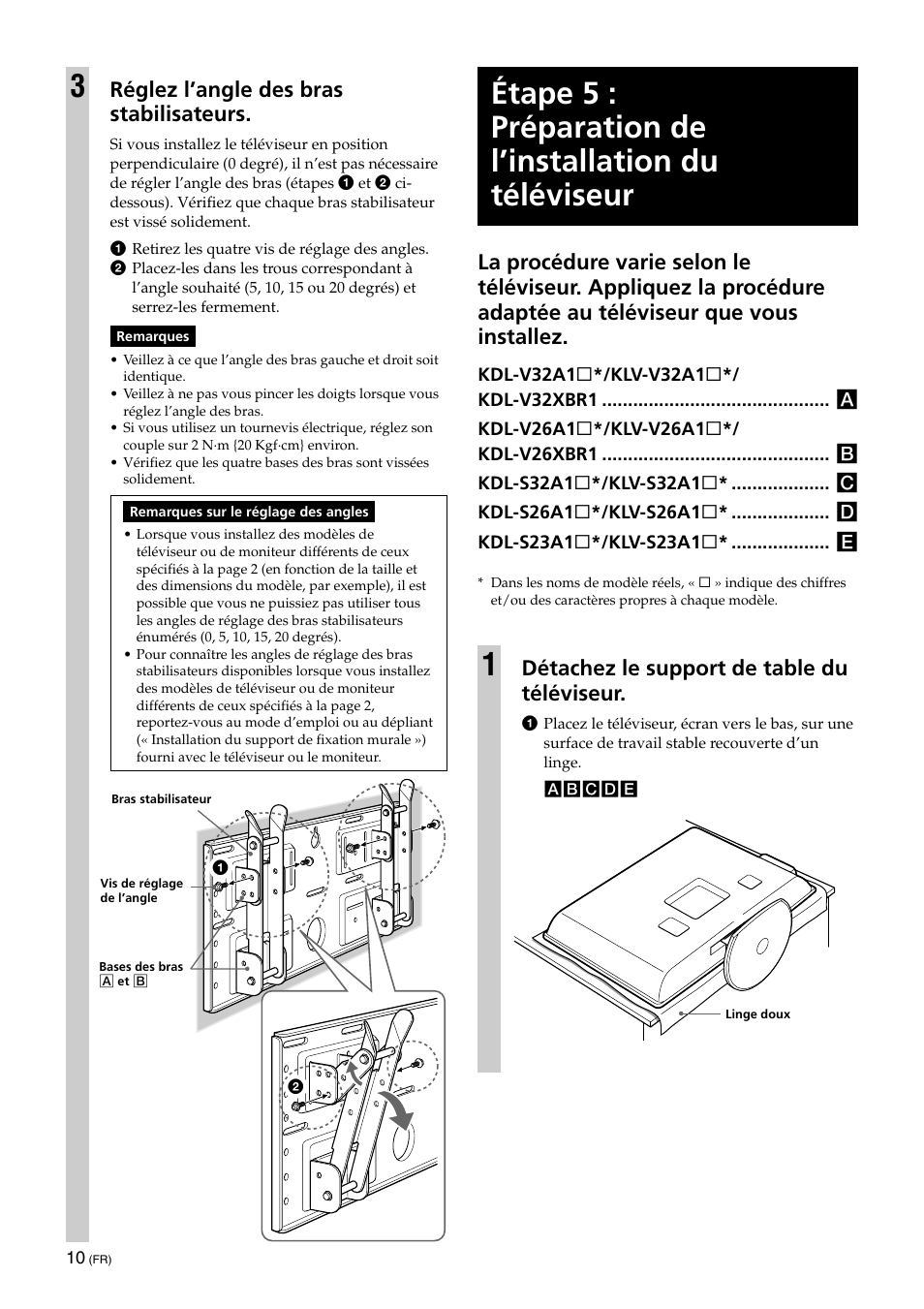 Détachez le support de table du téléviseur, Réglez l’angle des bras stabilisateurs | Sony KLV-32U100M User Manual | Page 26 / 100