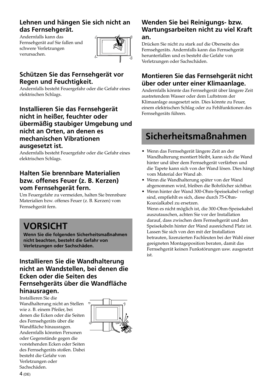 Vorsicht, Sicherheitsmaßnahmen | Sony KLV-32U100M User Manual | Page 52 / 100