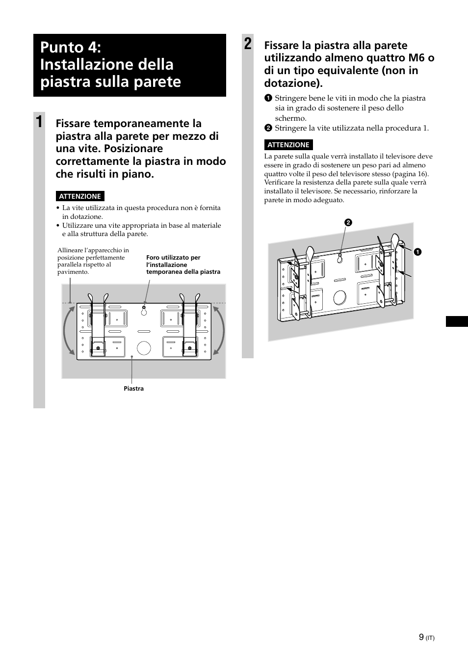 Punto 4: installazione della piastra sulla parete | Sony KLV-32U100M User Manual | Page 89 / 100