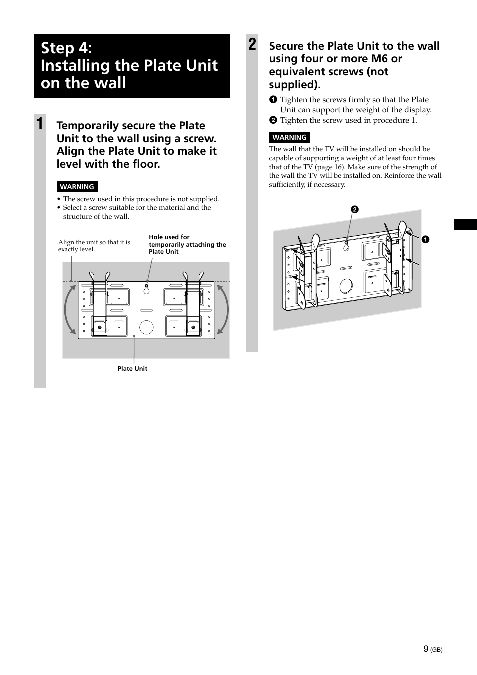 Step 4: installing the plate unit on the wall, Step 4: installing the plate unit on the wall 1 | Sony KLV-32U100M User Manual | Page 9 / 100