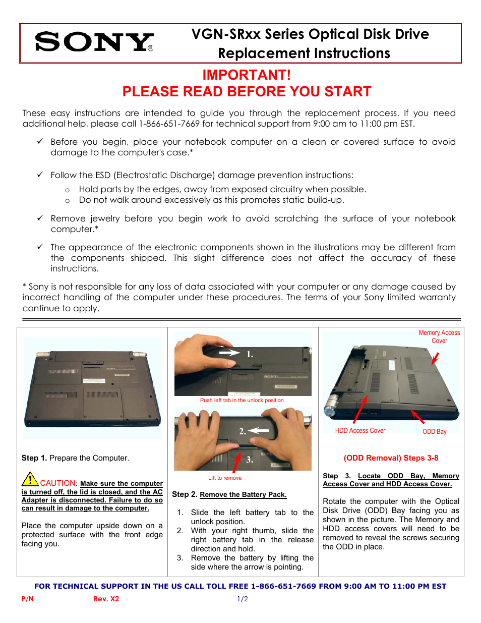 Sony VGN-SRxx Series Optical Disk Drive (Replacement Instructions) User Manual | 2 pages