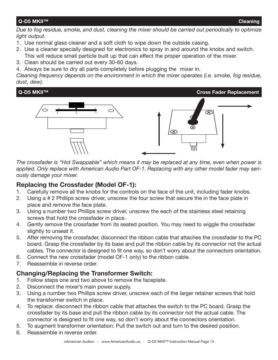 Replacing the crossfader (model of-1), Changing/replacing the transformer switch | American Audio Q-D5 MKII User Manual | Page 13 / 16