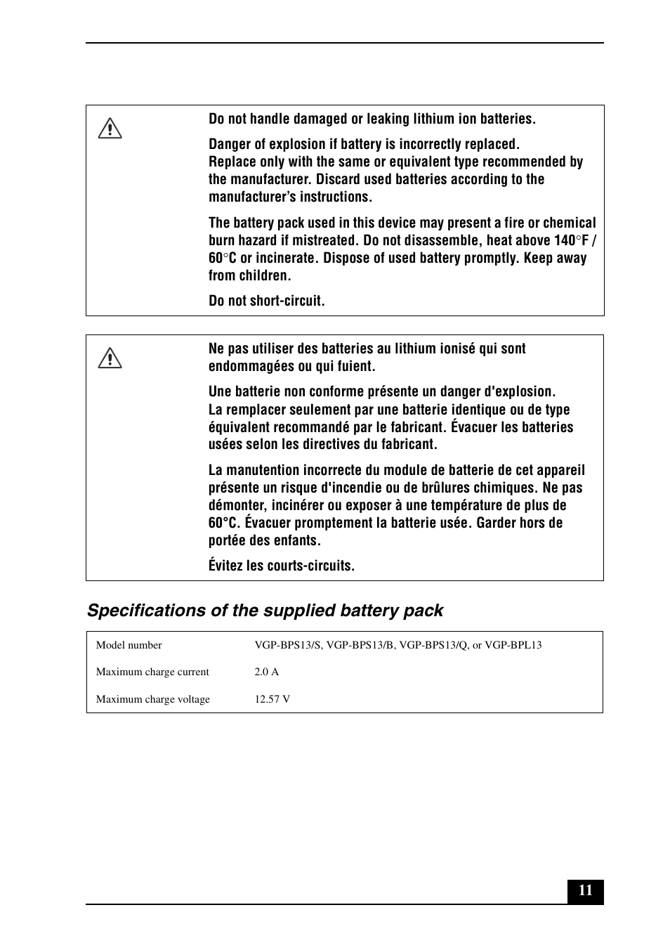 Specifications of the supplied battery pack | Sony VGN-FW550F User Manual | Page 11 / 20