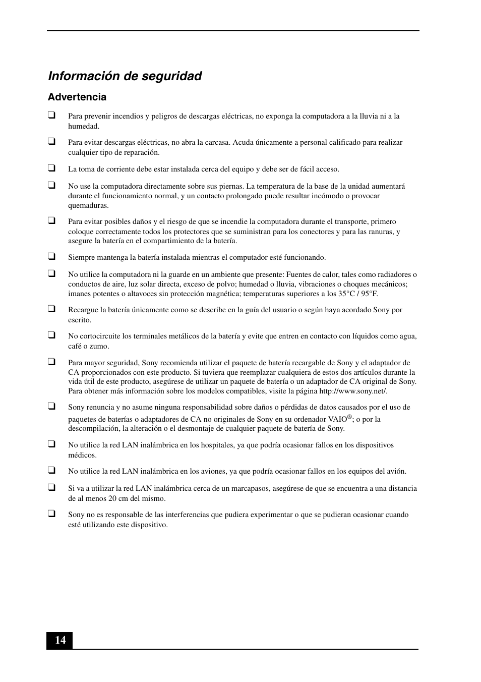 Información de seguridad | Sony VGN-FW550F User Manual | Page 14 / 20