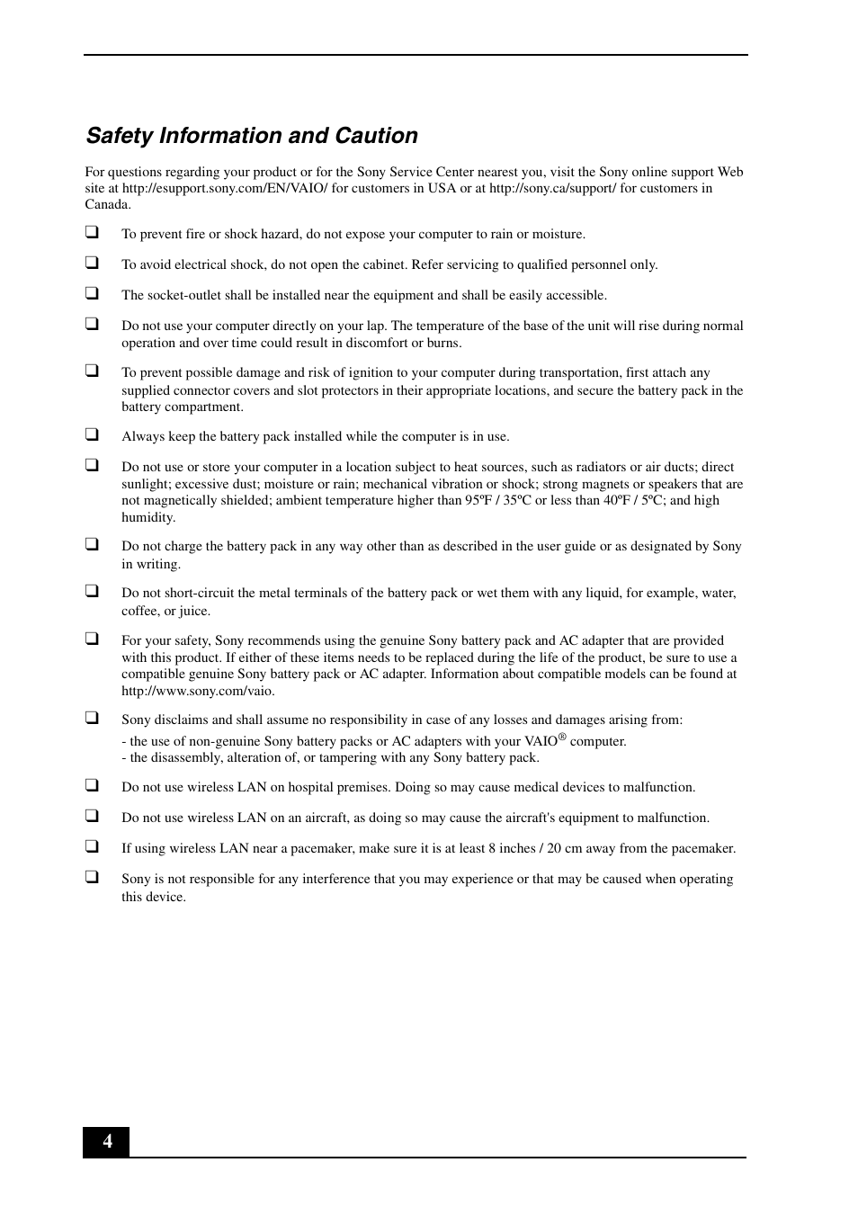 Safety information and caution | Sony VGN-FW550F User Manual | Page 4 / 20