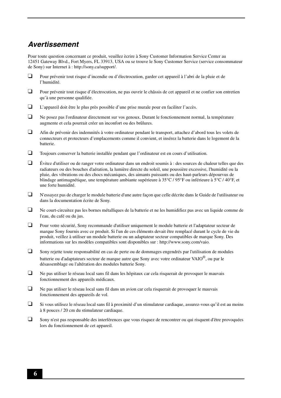 Avertissement | Sony VGN-FW550F User Manual | Page 6 / 20