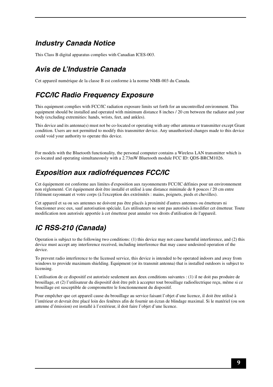 Industry canada notice, Avis de l’industrie canada, Fcc/ic radio frequency exposure | Exposition aux radiofréquences fcc/ic, Ic rss-210 (canada) | Sony VGN-FW550F User Manual | Page 9 / 20