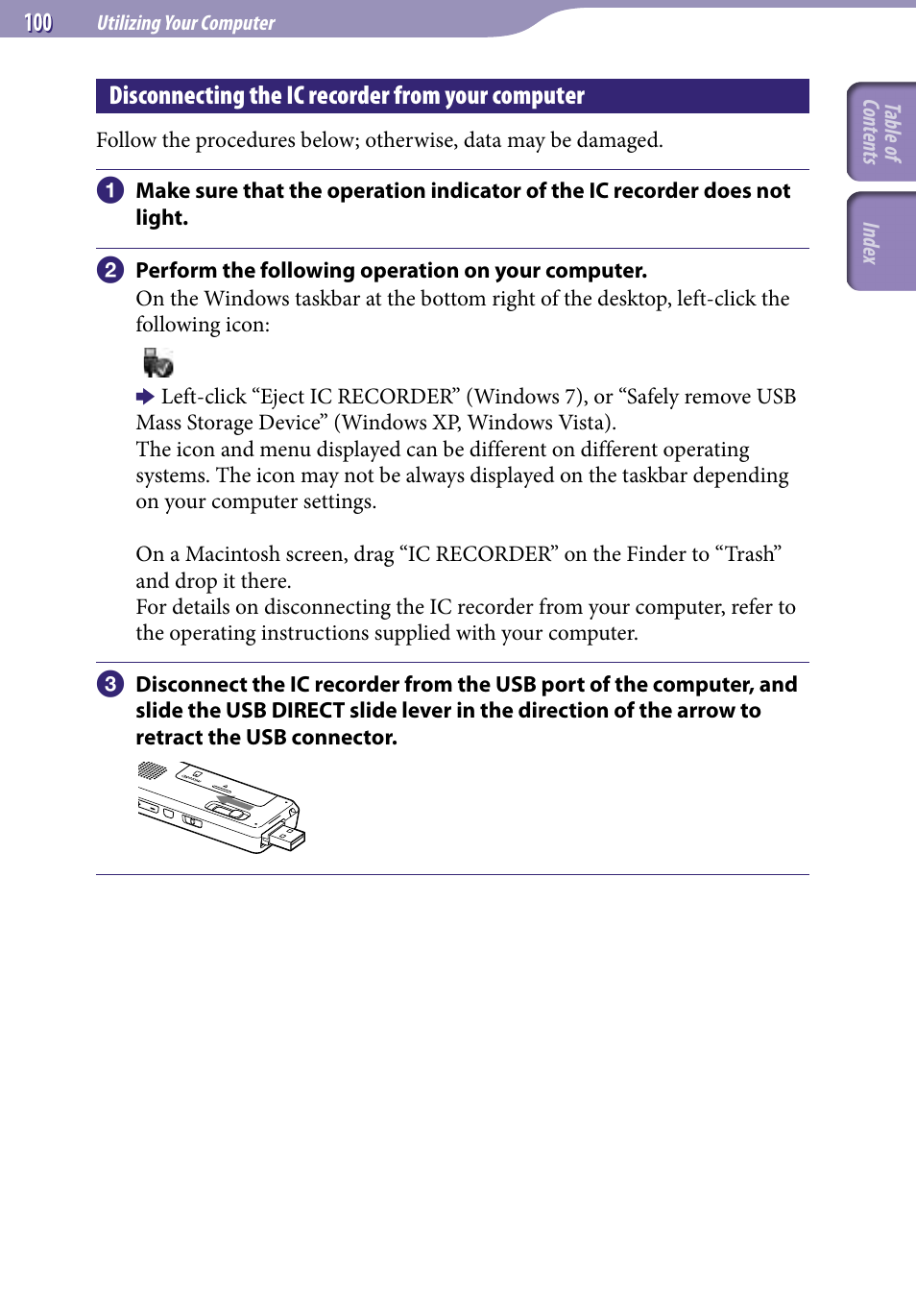 Disconnecting the ic recorder from your computer, Disconnecting the ic recorder from your, Computer | Sony ICD-UX523BLK User Manual | Page 100 / 140