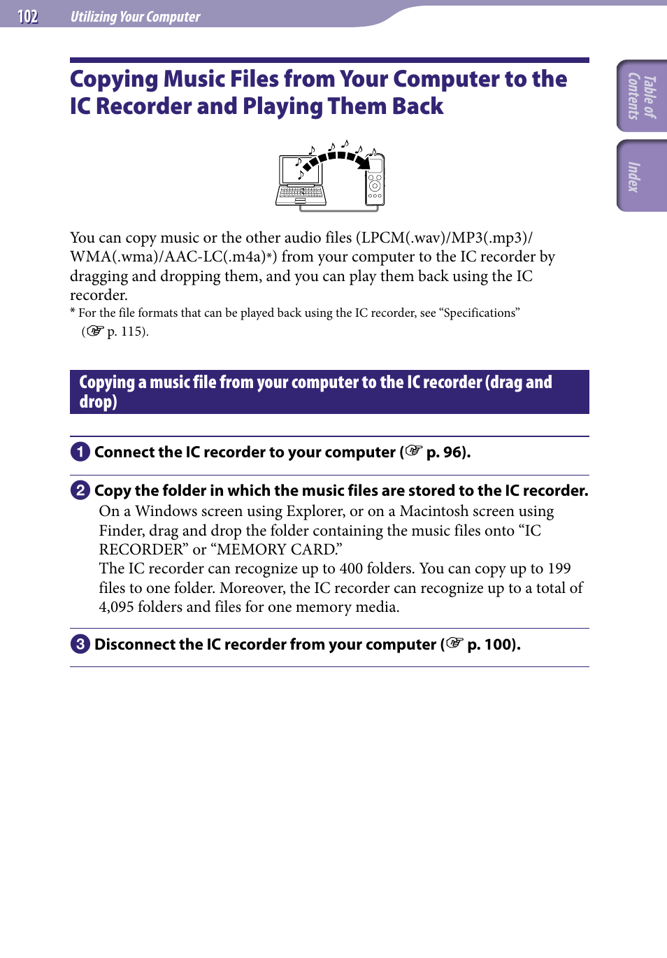 Copying music files from your, Computer to the ic recorder and, Playing them back | Copying a music file from your, Computer to the ic recorder, Drag and drop) | Sony ICD-UX523BLK User Manual | Page 102 / 140
