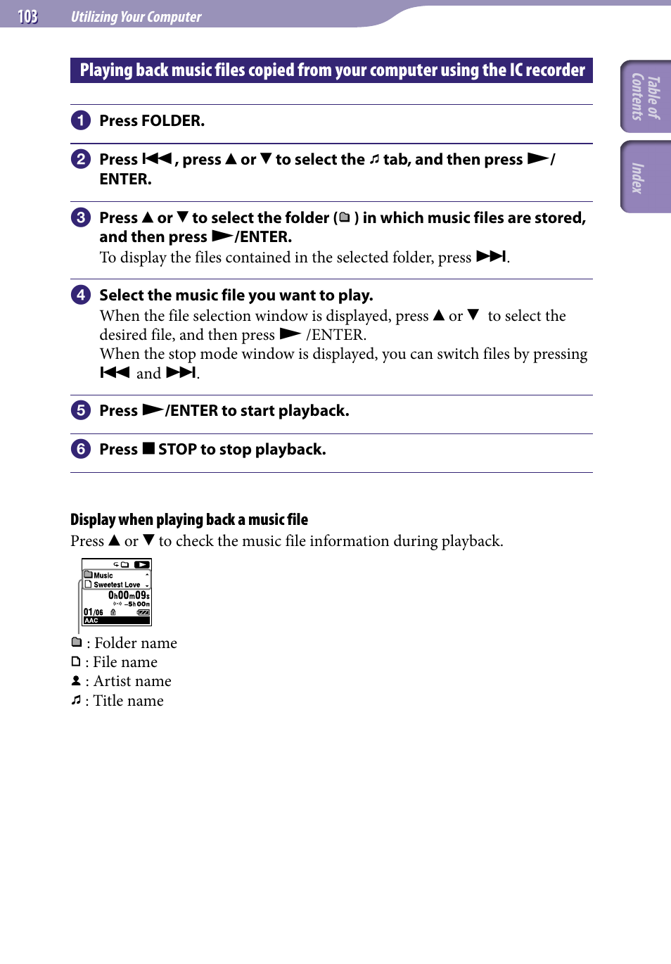 Playing back music files copied from your, Computer using the ic recorder | Sony ICD-UX523BLK User Manual | Page 103 / 140