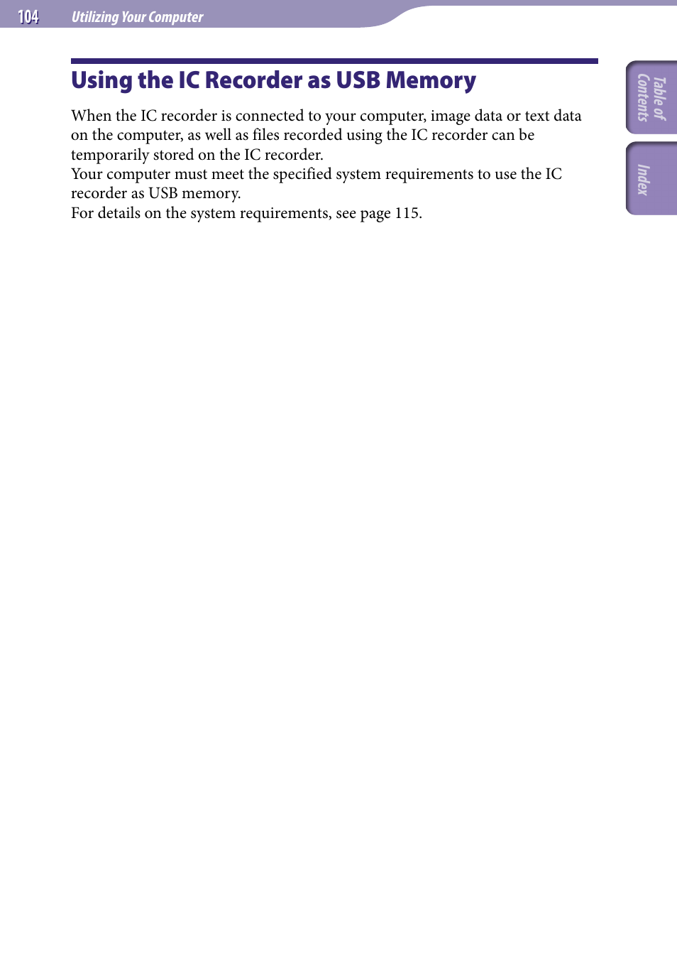Using the ic recorder as usb memory, Using the ic recorder as, Usb memory | Sony ICD-UX523BLK User Manual | Page 104 / 140
