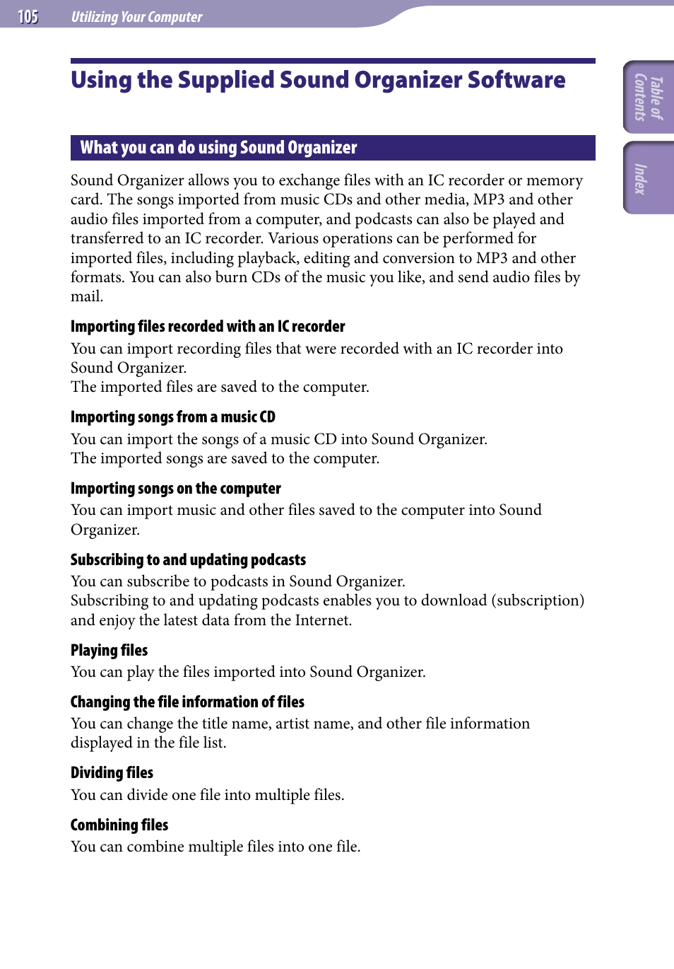 Using the supplied sound organizer software, What you can do using sound organizer, Using the supplied sound organizer | Software, What you can do using sound, Organizer | Sony ICD-UX523BLK User Manual | Page 105 / 140