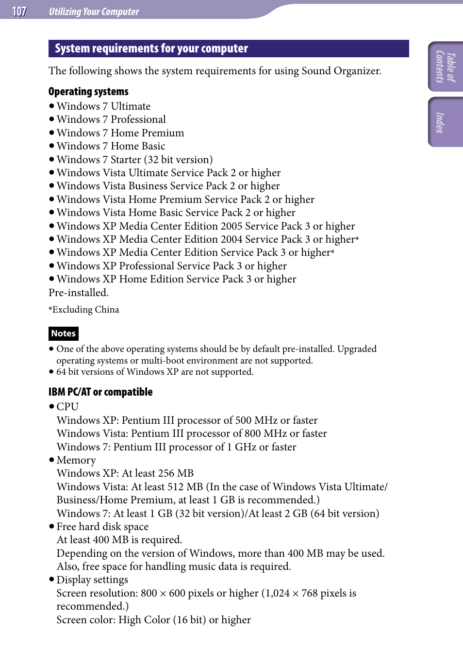 System requirements for your computer, System requirements for your, Computer | E 107, 115 | Sony ICD-UX523BLK User Manual | Page 107 / 140
