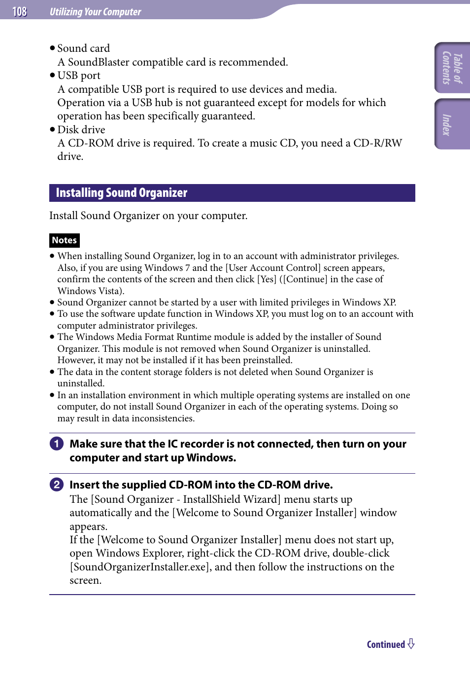 Installing sound organizer | Sony ICD-UX523BLK User Manual | Page 108 / 140