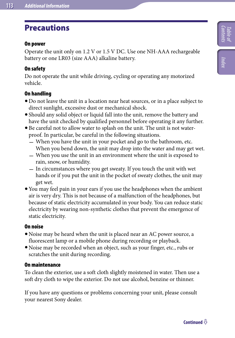Precautions | Sony ICD-UX523BLK User Manual | Page 113 / 140
