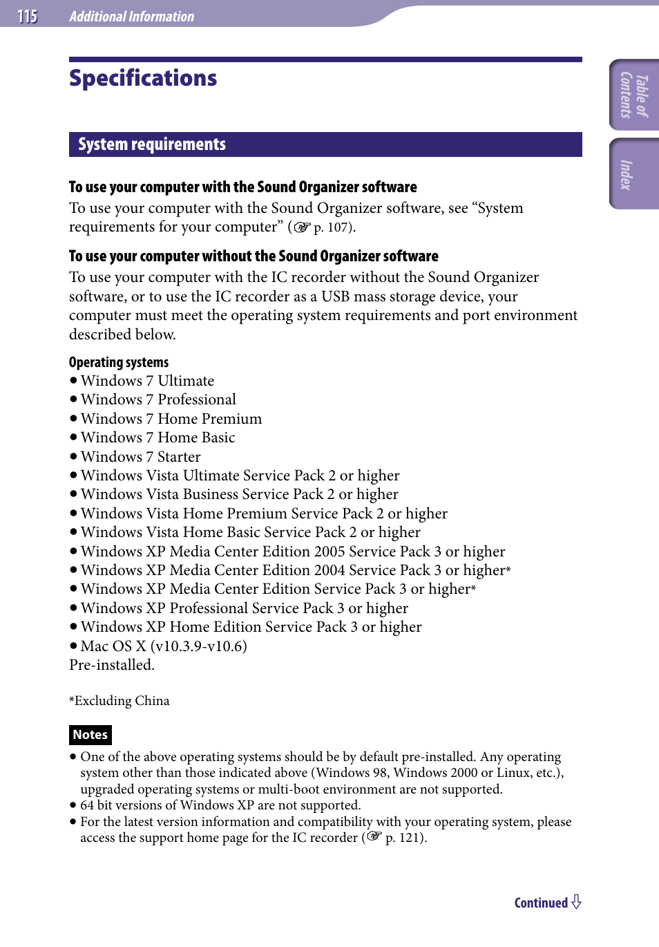 Specifications, System requirements, E 115 | Sony ICD-UX523BLK User Manual | Page 115 / 140