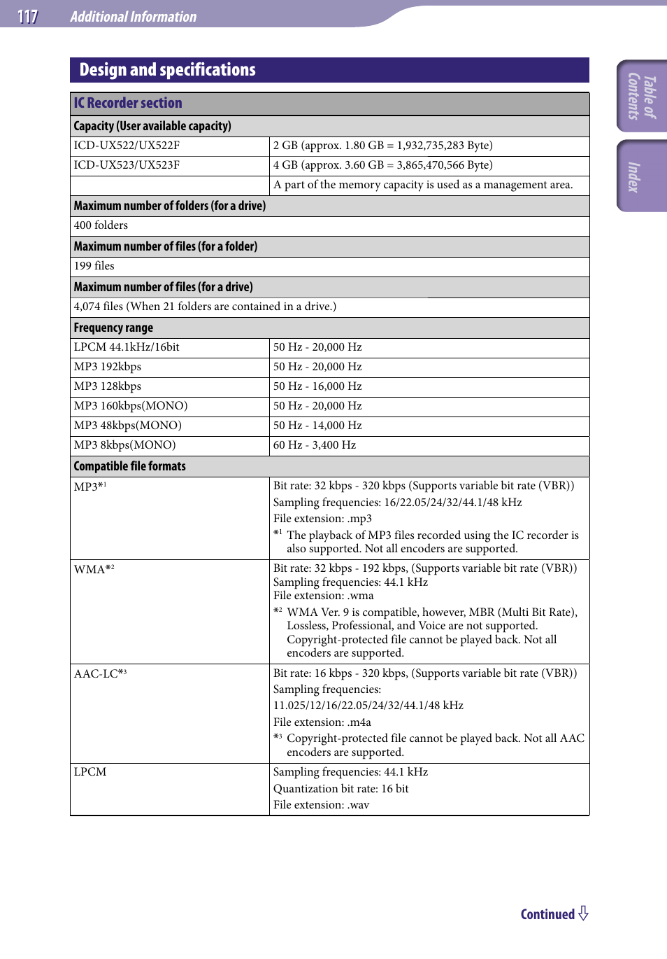 Design and specifications, Table of cont ents inde x, Additional information | Sony ICD-UX523BLK User Manual | Page 117 / 140