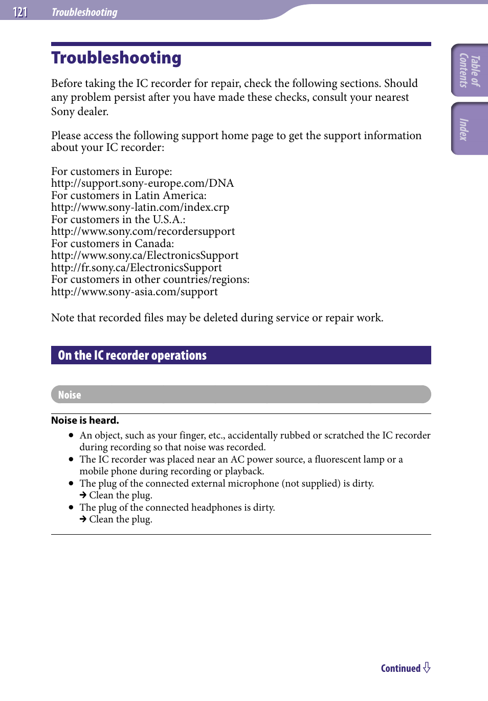Troubleshooting, On the ic recorder operations | Sony ICD-UX523BLK User Manual | Page 121 / 140