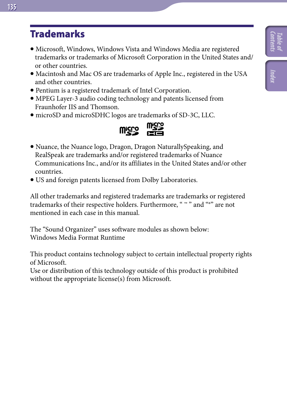 Trademarks | Sony ICD-UX523BLK User Manual | Page 135 / 140