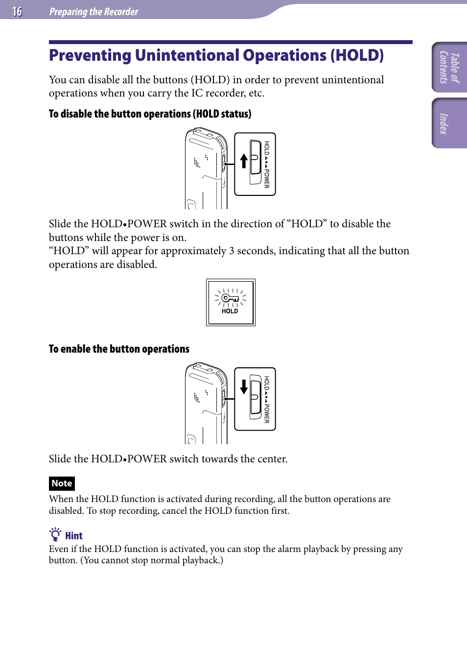 Preventing unintentional operations (hold), Preventing unintentional operations, Hold) | Sony ICD-UX523BLK User Manual | Page 16 / 140