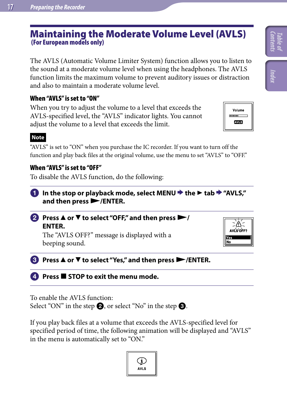 Maintaining the moderate volume, Level (avls) (for european models, Only) | Maintaining the moderate volume level (avls) | Sony ICD-UX523BLK User Manual | Page 17 / 140