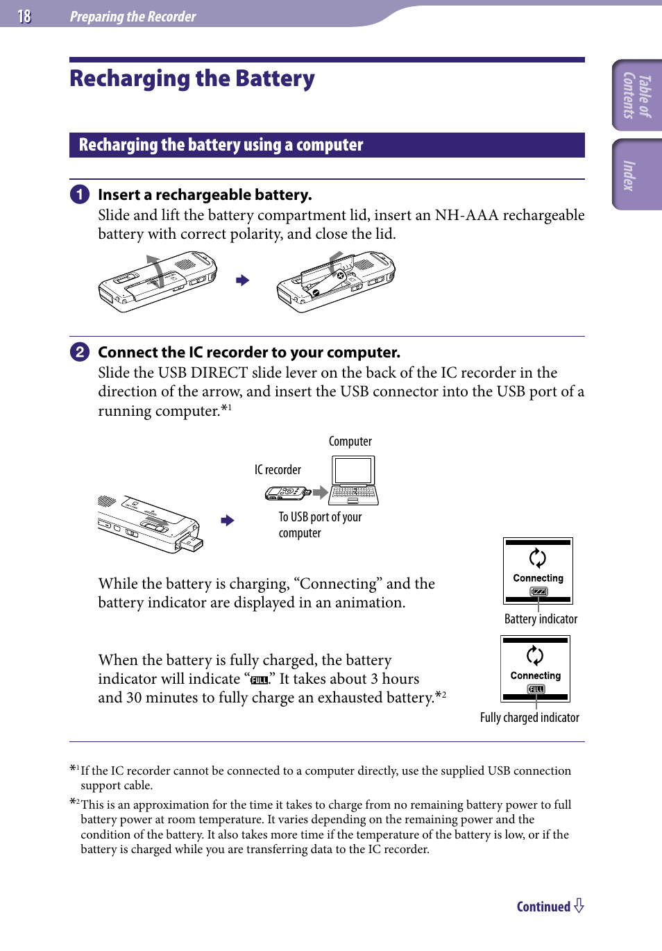 Recharging the battery, Recharging the battery using a computer, Recharging the battery using a | Computer | Sony ICD-UX523BLK User Manual | Page 18 / 140