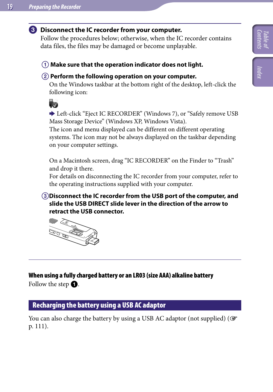 Recharging the battery using a usb ac adaptor, Recharging the battery using a usb ac, Adaptor | Sony ICD-UX523BLK User Manual | Page 19 / 140