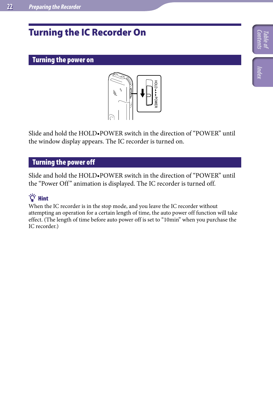 Turning the ic recorder on, Turning the power on, Turning the power off | Sony ICD-UX523BLK User Manual | Page 22 / 140